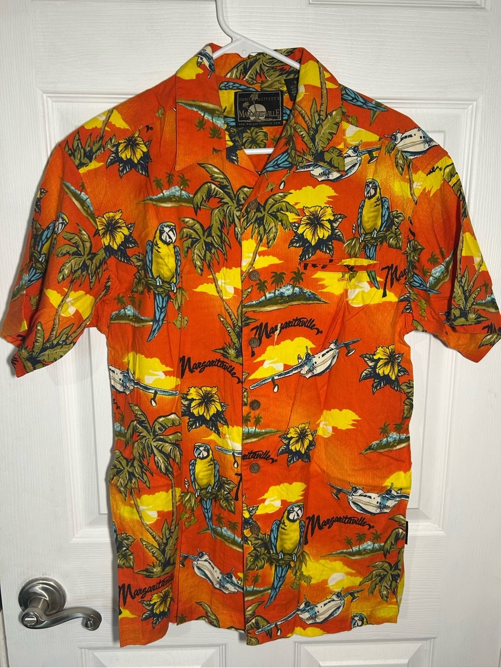 Jimmy Buffett Margaritaville Orange Parrot & Palm Short Sleeve Sz Small Vintage